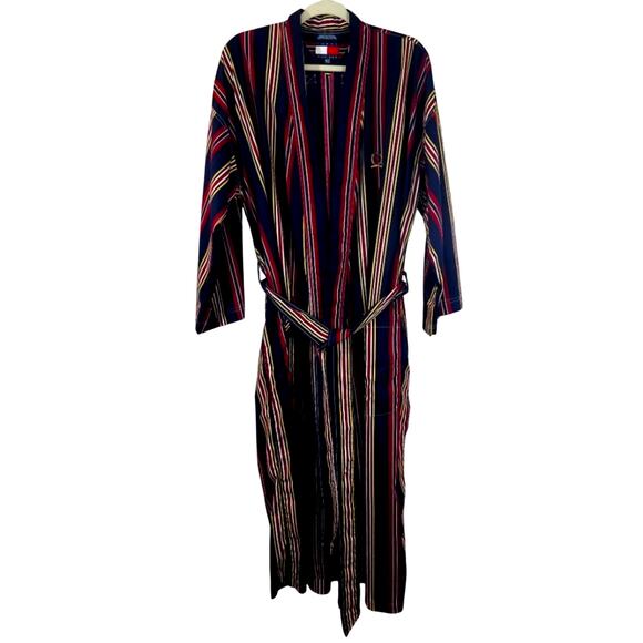 L Tommy Hilfiger Vintage Navy Striped Robe One Size Unisex Men's Crest Logo VTG - Picture 1 of 13